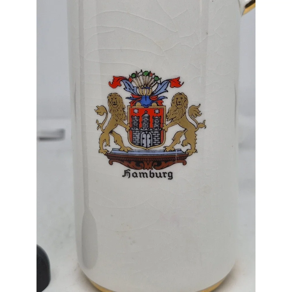 Vintage Reutter Porzellan Pitcher Hamburg Coat of Arms White Gold Trim W Germany